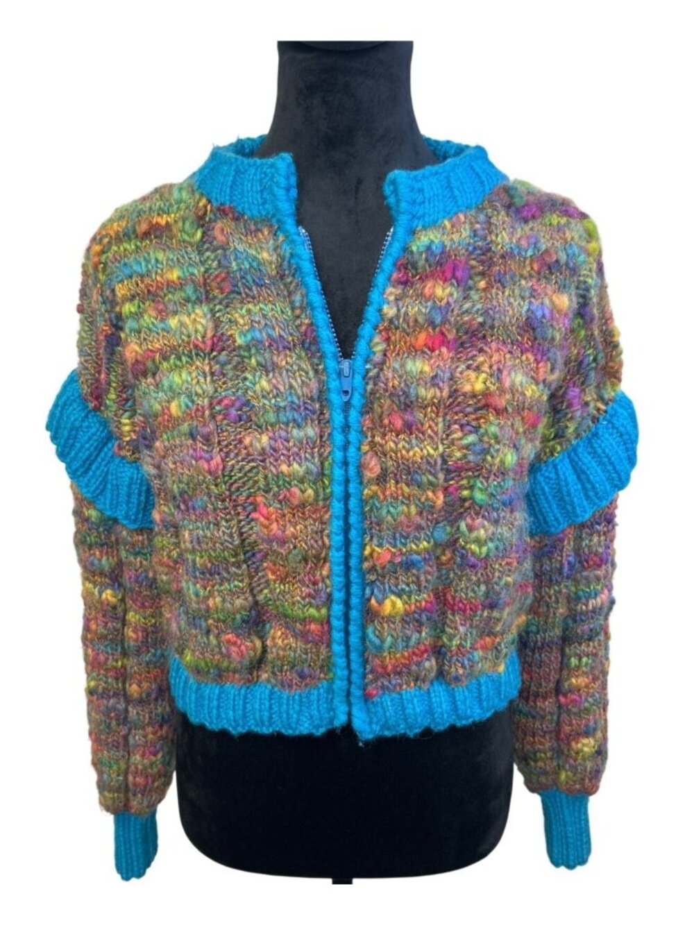 Multicolor Hand Knit Cropped Cardigan Ruffle Trim Zip Front Statement Sweater
